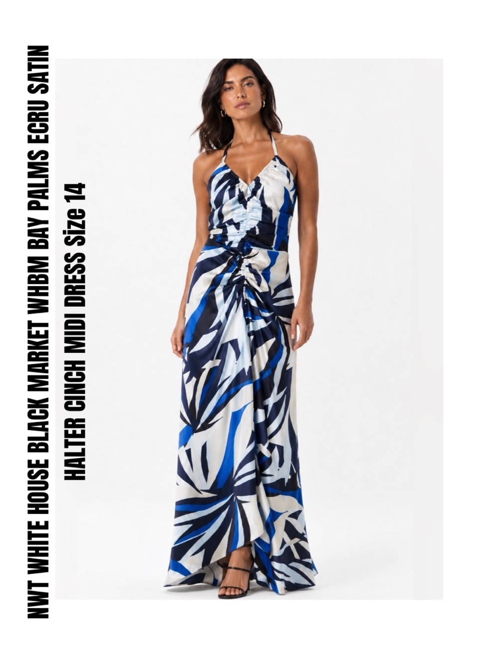 WHITE HOUSE BLACK MARKET WHBM BAY PALMS ECRU SATIN HALTER CINCH MIDI DRESS 14